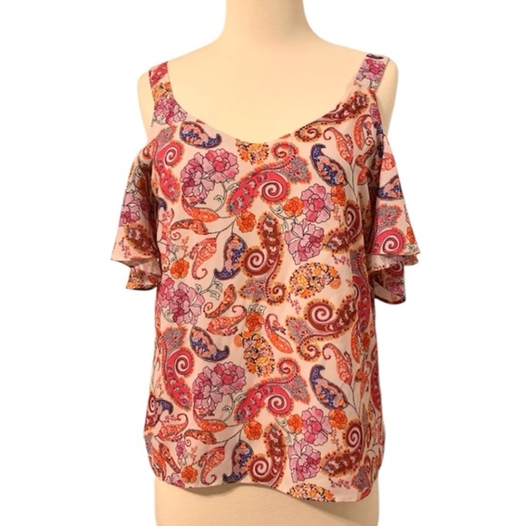 Antibes Blanc Cold Shoulder Paisley Blouse Size Small Floral Retro Colorful - Picture 1 of 6